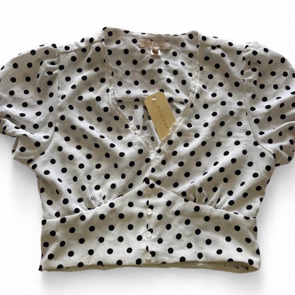 White Polka Dot Puff Sleeve Crop Top NWT